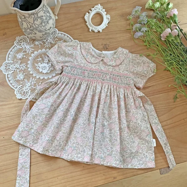 Children's Wear Girl's Handmade Embroidered Dress Baby's Girls' Collar Cotton Floral Dress