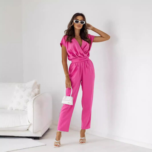 New Women's Solid Color Waist Lace-up V-neck Sleeve Pocket Jumpsuit - Image 3