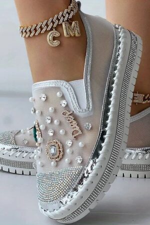 Platform Loafers Women's Spring And Summer New Mesh Women's Shoes Breathable Mesh Rhinestone Pedal Lazy Shoes