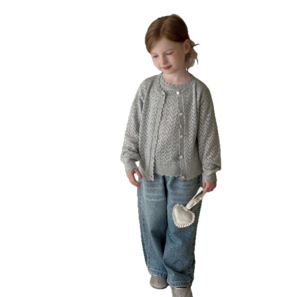 Cotton Multi-meter Girls 2025 Yuan Korean Version Of Girls Spring And Autumn New Hollow Knitted Vest Cardigan Two-piece Jacket - Image 5
