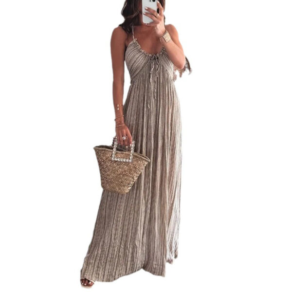 Summer New Solid Color Sexy Backless U-Collar Strap Back Long Dress - Image 5