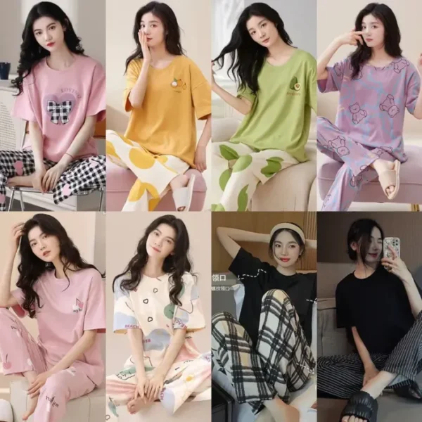Short Sleeve Pants With Chest Pad Pajamas Women's Summer Two-piece Thin Home Clothes Large Size - Image 2