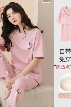 Short Sleeve Pants With Chest Pad Pajamas Women's Summer Two-piece Thin Home Clothes Large Size
