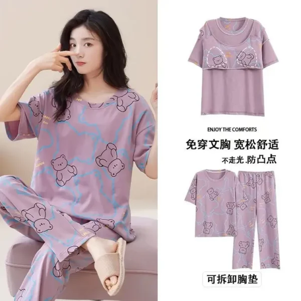 Short Sleeve Pants With Chest Pad Pajamas Women's Summer Two-piece Thin Home Clothes Large Size - Image 4