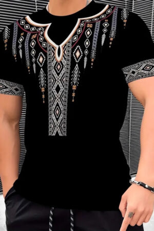Men's Casual All-match Loose Breathable Short-sleeved Round Neck T-shirt Hot Selling Classic Retro Tribal Pattern 3D Printing