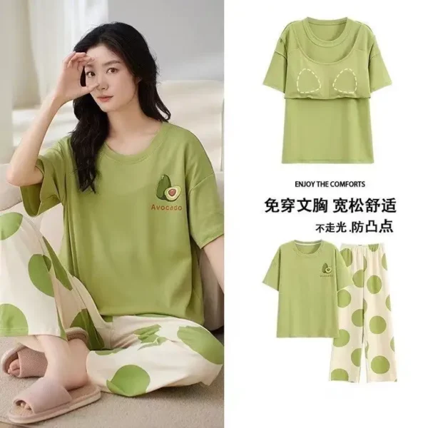 Short Sleeve Pants With Chest Pad Pajamas Women's Summer Two-piece Thin Home Clothes Large Size - Image 3