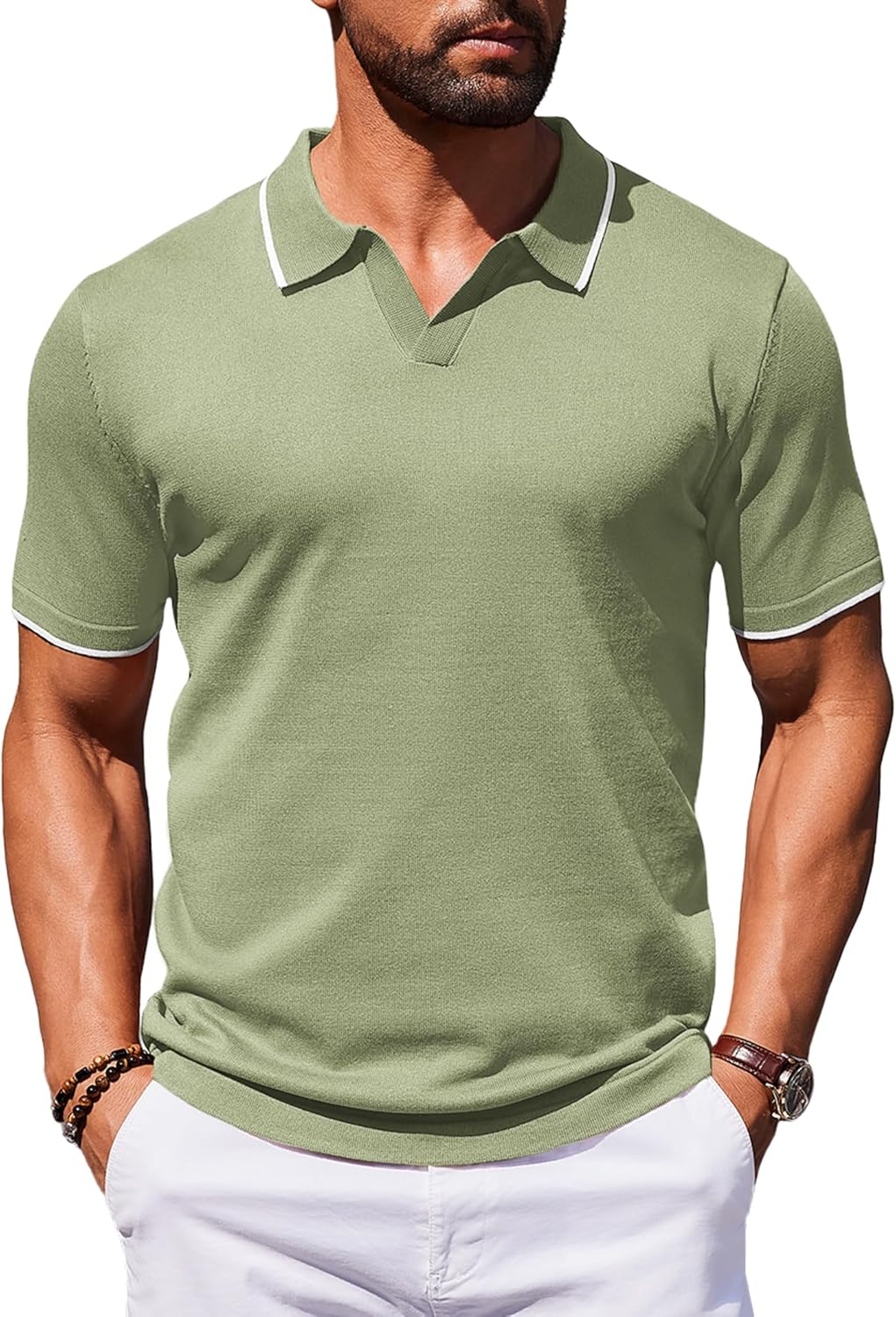 COOFANDY Men’s Polo Shirts Short Sleeve Summer Knitted T-Shirt Casual Poloshirt V Neck Golf Tops Slim Fit