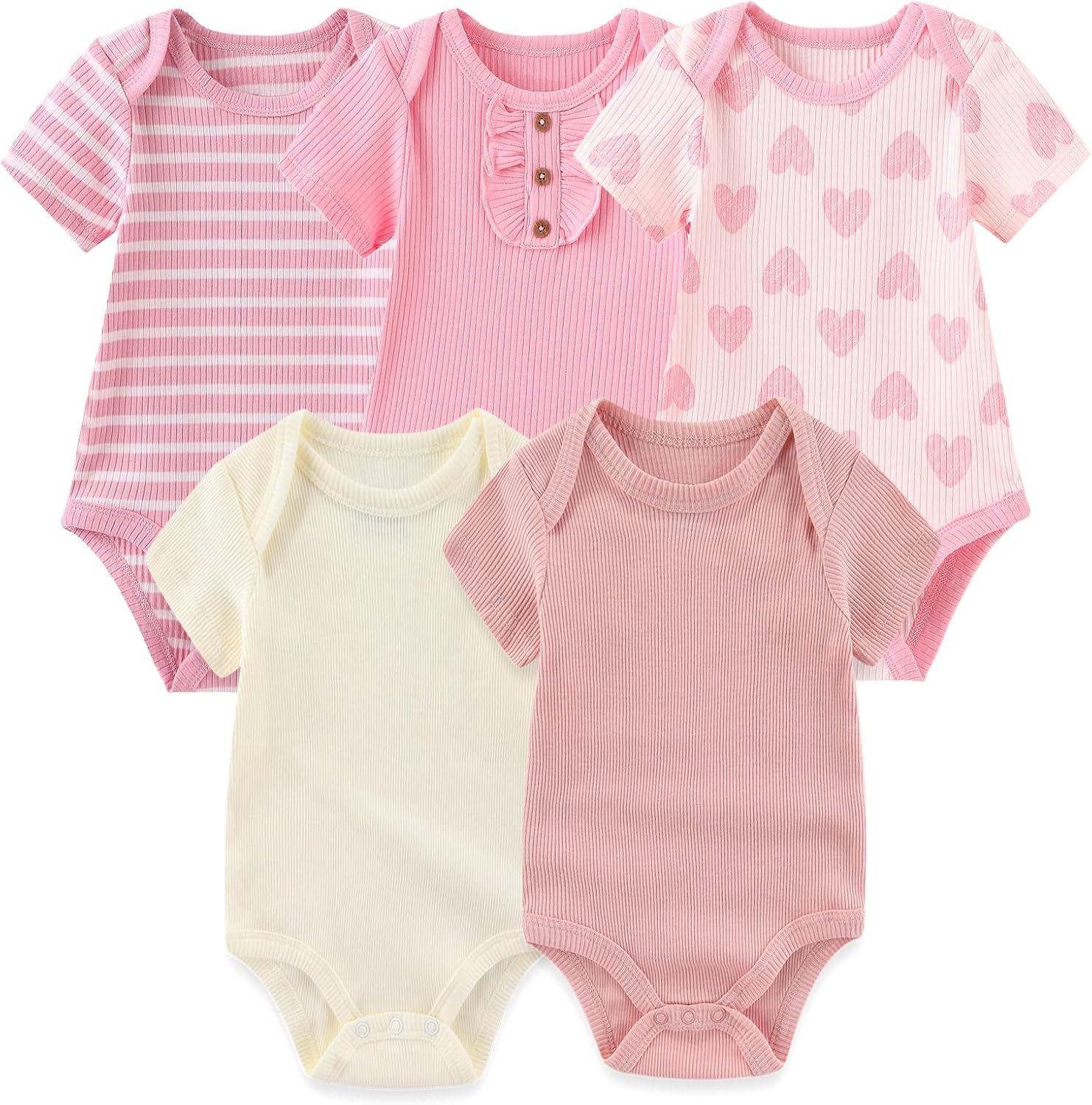 Newborn Baby Short Sleeve Bodysuit Baby Grow Cotton Vest 5-pack, 0-12 Months
