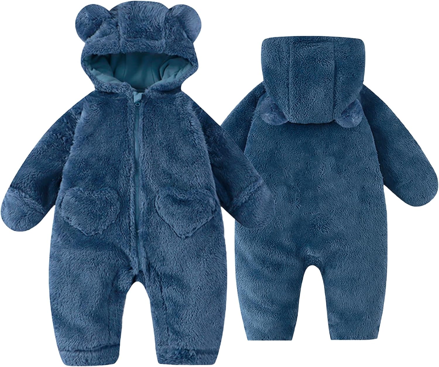 Newborn Baby Bear Pramsuit Warm Fleece Hooded All-in-One Snowsuit Winter Romper for Boys & Girls 0-12 Months