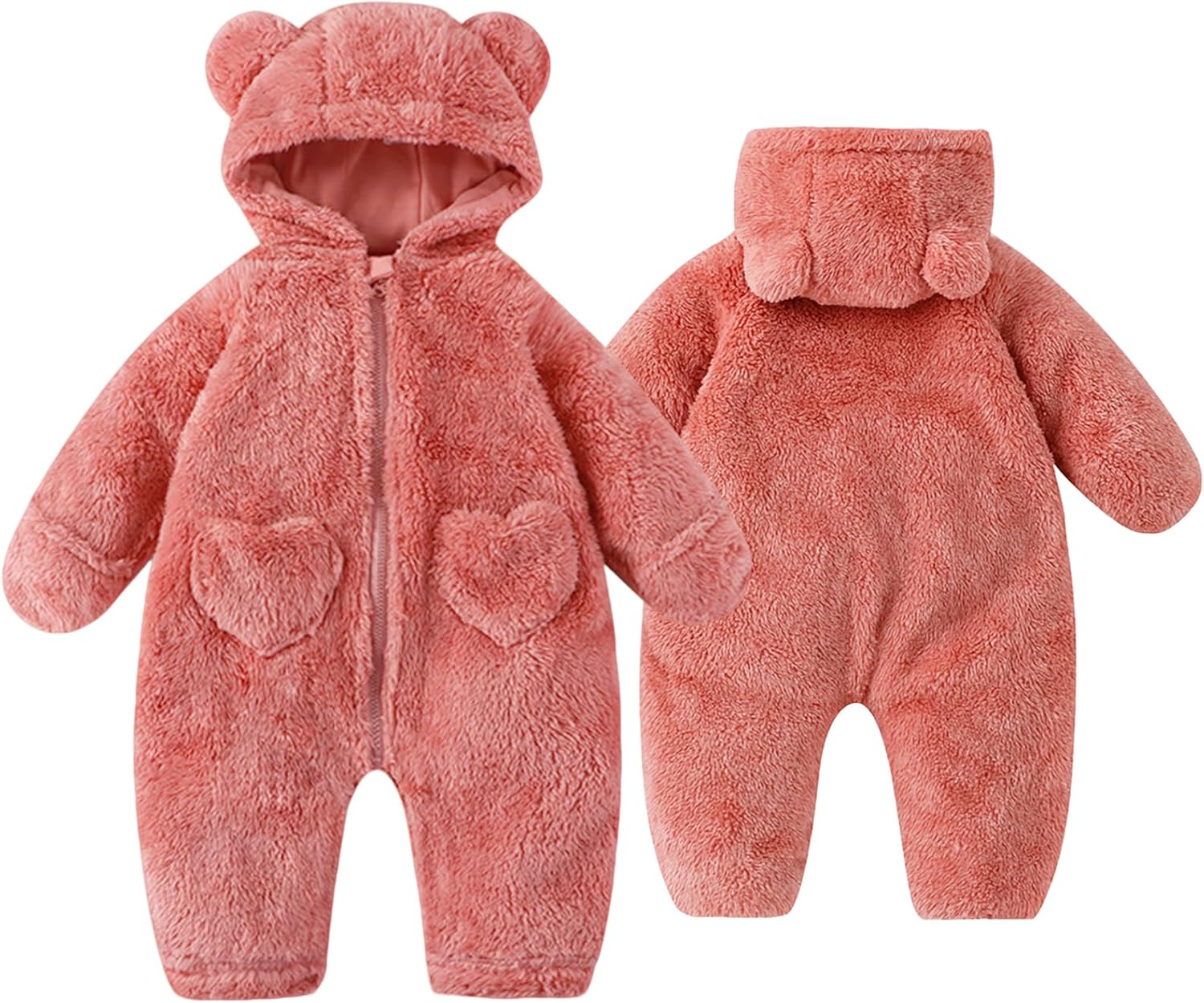 Newborn Baby Bear Pramsuit Warm Fleece Hooded All-in-One Snowsuit Winter Romper for Boys & Girls 0-12 Months
