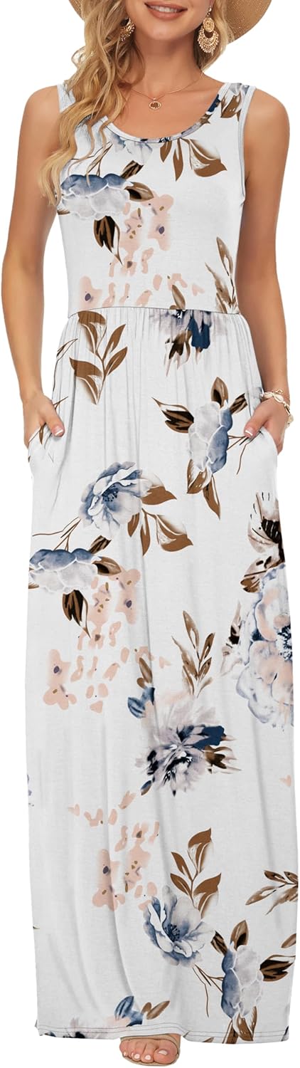 AUSELILY Summer Dresses for Women Casual Sleeveless Ladies Maxi Dress Long with Pockets