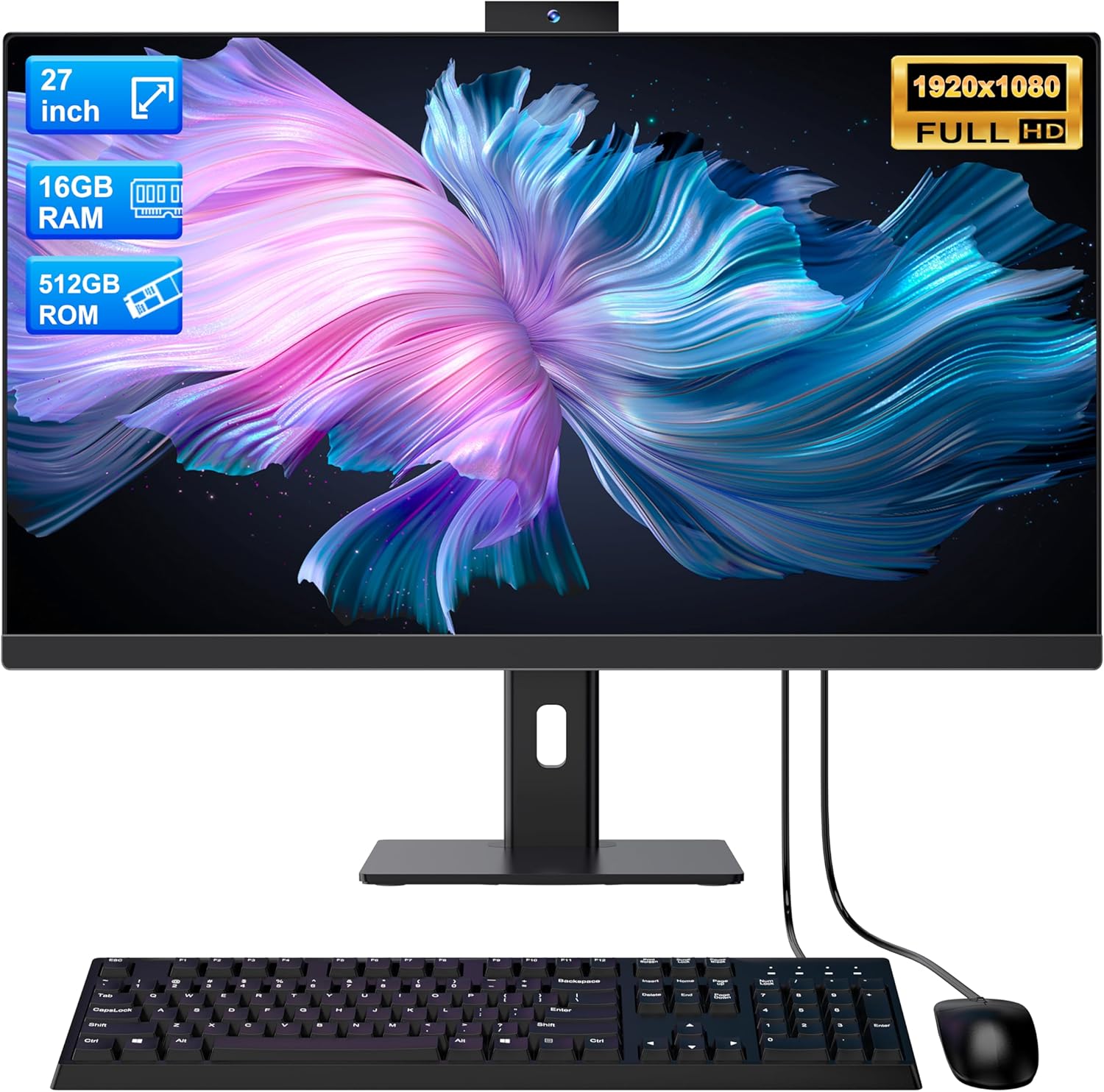 All-in-One Computer 27inch Desktop Computer Quad-Core N95(Up to 3.4Ghz)512GB SSD 16GB RAM With hidden Webcam,All-in-one PC Computer Supporting Rotatable Screen,Dual-band WiFi 6 Bluetooth 5.3, Black