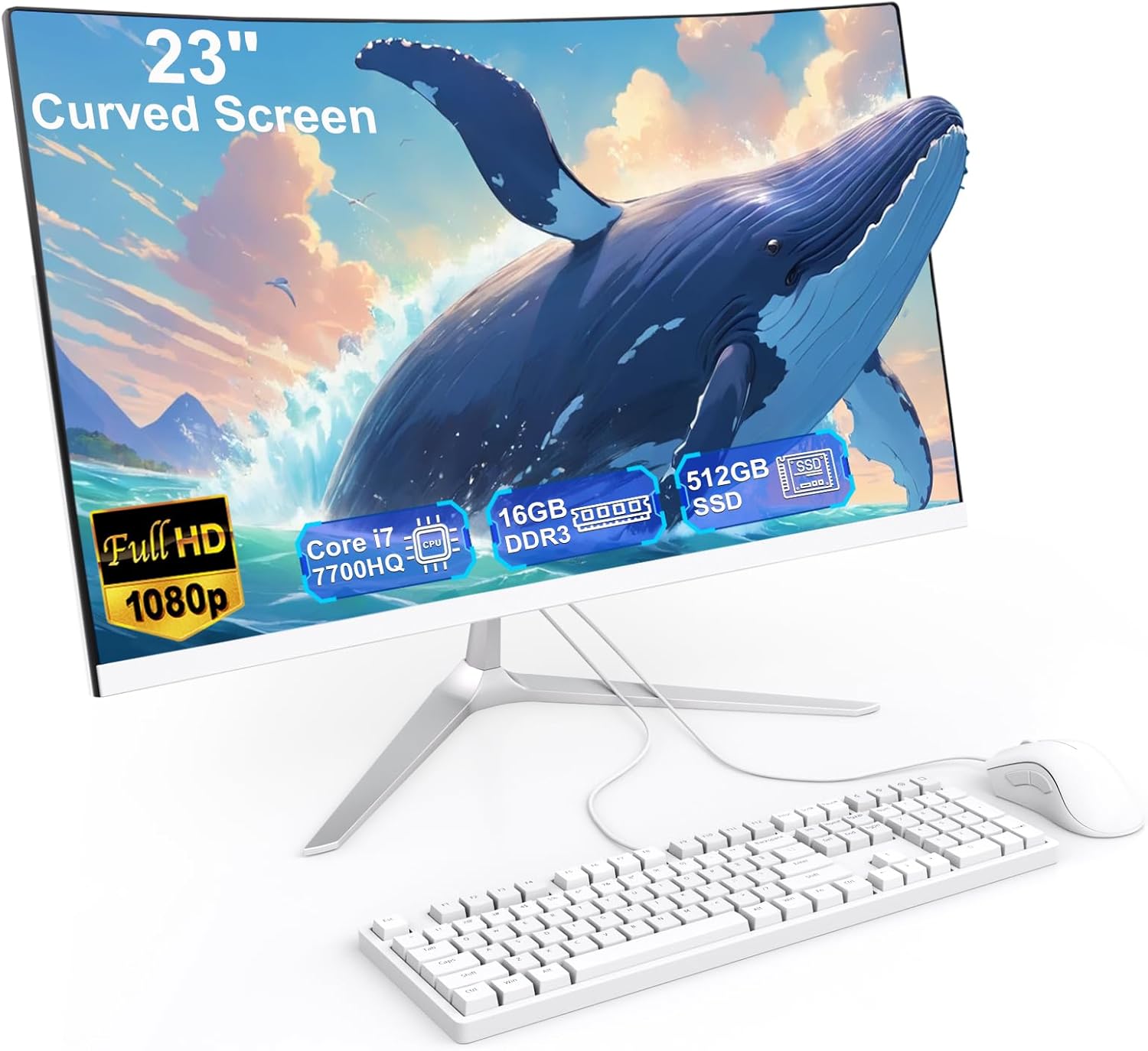 All-in-One Desktop PC 23.8 Inch Curved Display Core i7 7700HQ(up to 3.8Ghz) 16GB RAM 512GB SSD Dual Band WiFi, Bluetooth 5.0, Complete with Wired Keyboard & Mouse