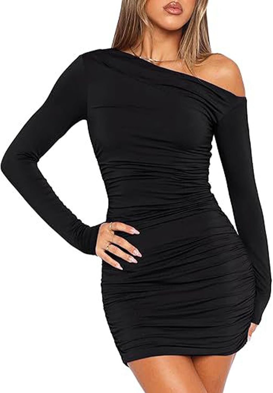 Black Mini Dress Off Shoulder Solid Color Bodycon Ruched One Size Women’s Party Dress