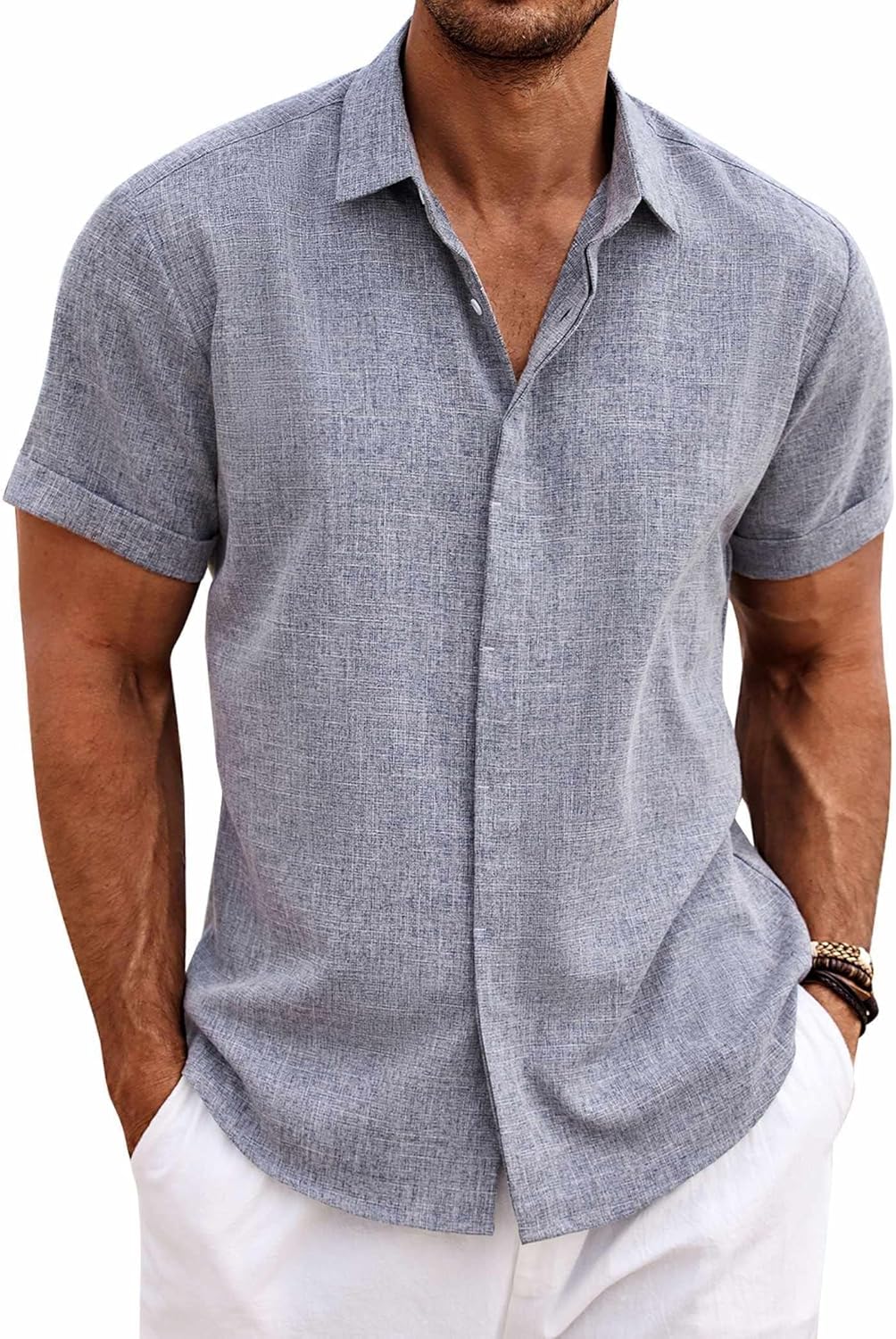 COOFANDY Mens Linen Shirts Short Sleeved Summer Regular Fit Cotton Shirt Button Down Hawaiian Holiday Tops