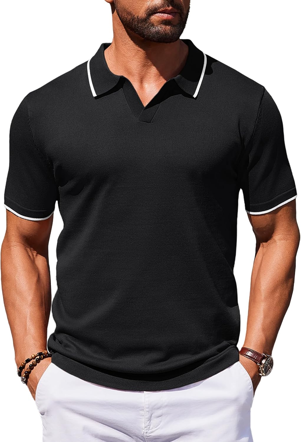 COOFANDY Men’s Polo Shirts Short Sleeve Summer Knitted T-Shirt Casual Poloshirt V Neck Golf Tops Slim Fit