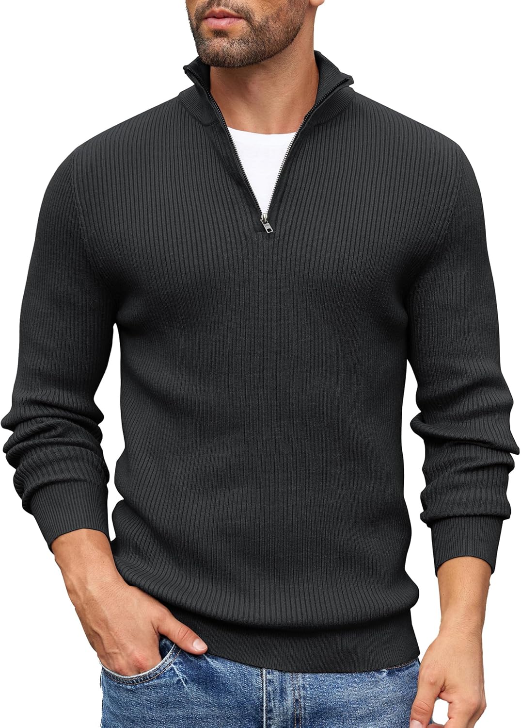 COOFANDY Mens Quarter Zip Jumper Knitted Turtleneck Sweater Long Sleeved Mock Neck Pullover Winter Sweater Slim Fit Pullover