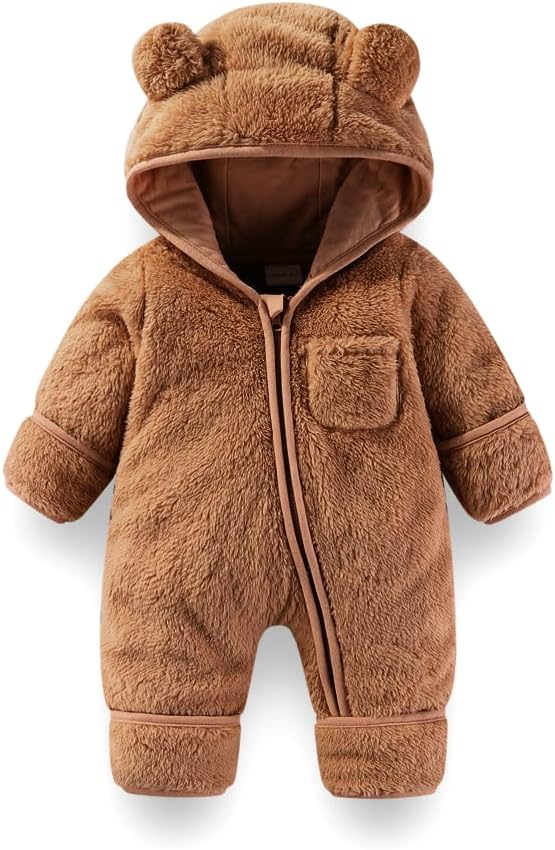 Fairy Baby Baby Snowsuit, Newborn Baby Bear Hooded Footed Romper Fleece Snowsuit Cartoon Flannel Zipper Jumpsuit Fall Winter Outfits