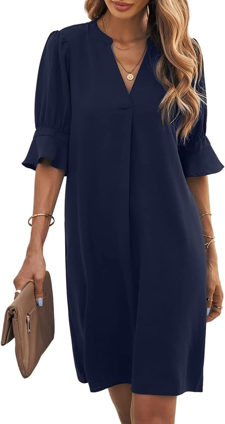 Famulily Women’s V Neck Half Sleeve Shirt Dress Elegant Summer Casual Solid Color Short Dress S-XXL