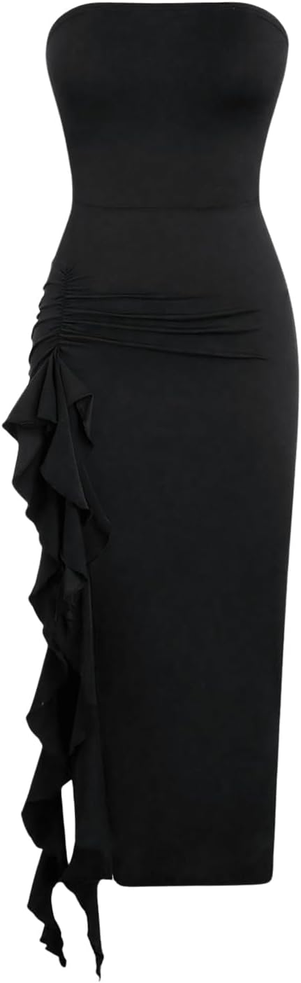 GORGLITTER Women’s Ruffle Trim Strapless Tube Bodycon Dress Asymmetrical Cocktail Maxi Dresses Sexy Club Party Outfit