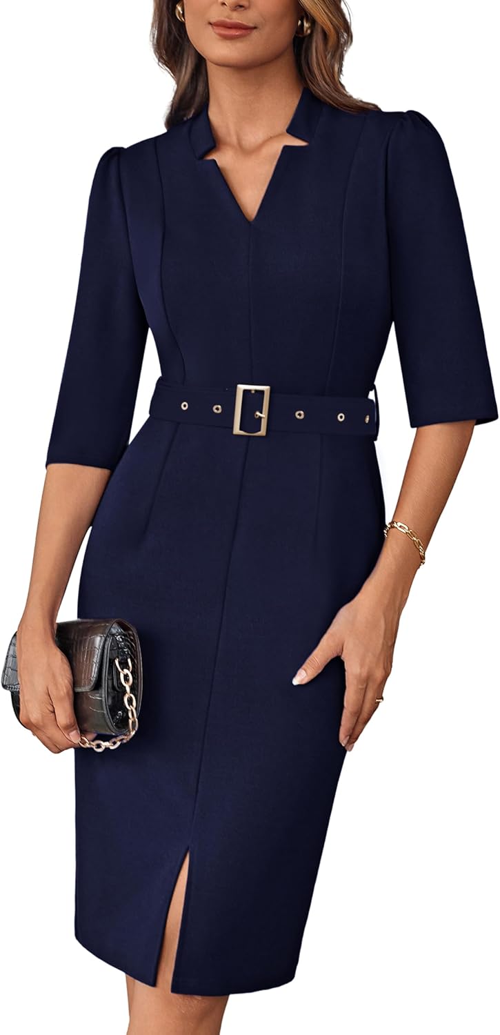 GRACE KARIN Women 3/4 Sleeves Bodycon Midi Dress Elegant V Neck Slim Fit Business Wrap Dress with Belt