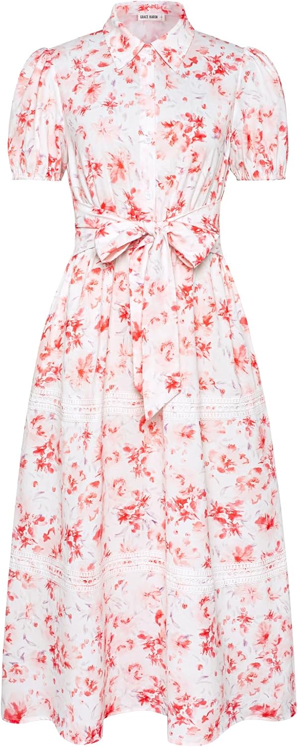 GRACE KARIN Women Summer Long Floral Dress Casual Polo Collar Flowy Swing Maxi Dresses Beach Wedding Dresses