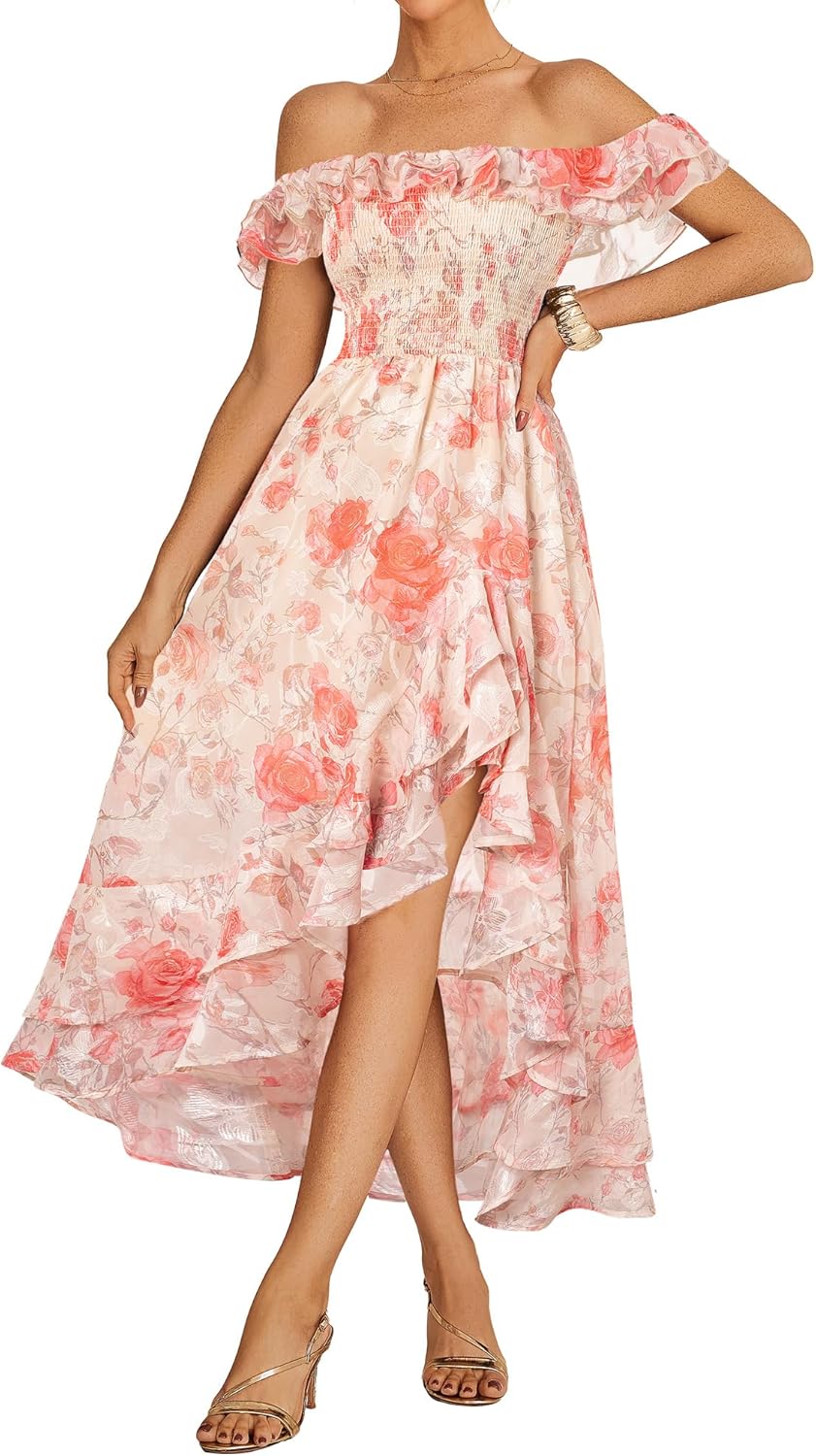 GRACE KARIN Women’s A-Line Elastic Waistband Irregular Hem Off Shoulder Floral Dresses