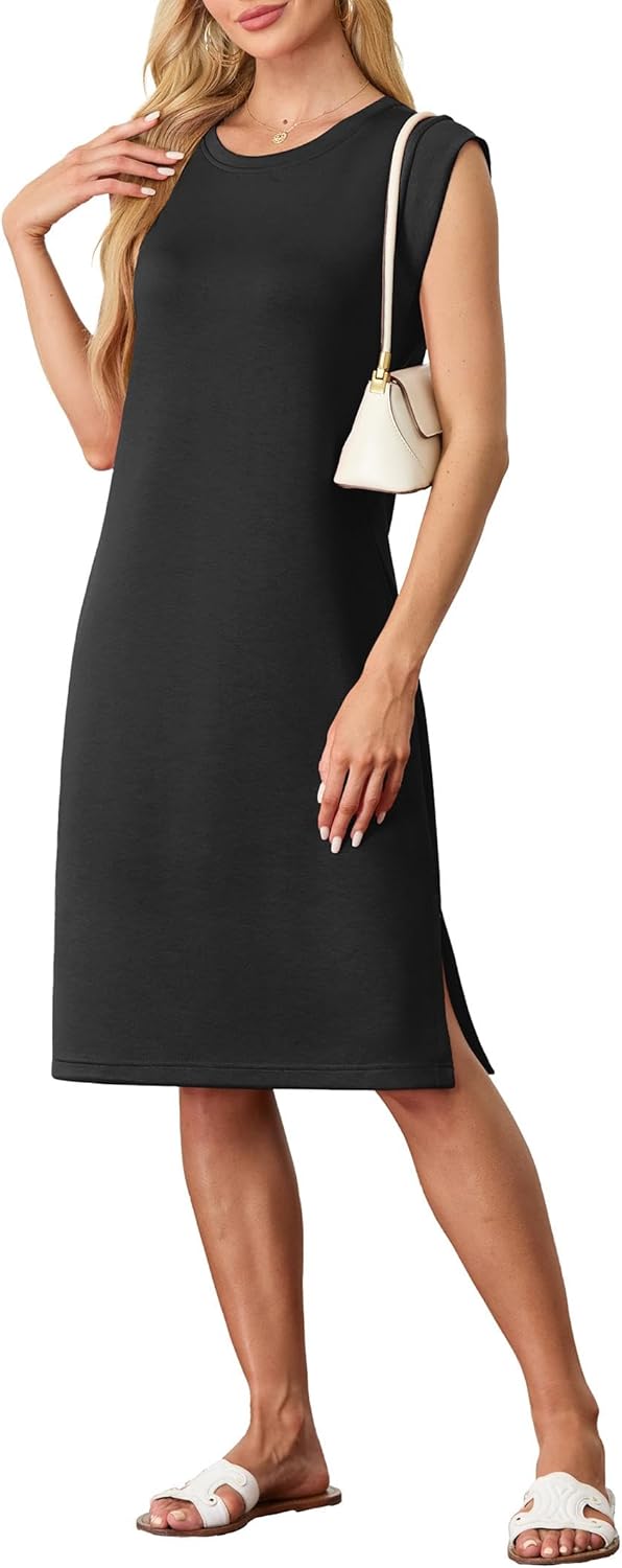 GRECERELLE Womens Summer Midi Dress 2025 Casual Crew Neck Shirt Dresses Elegant Wrinkle-Free Sleeveless Dresses for Women UK with Split and Pockets