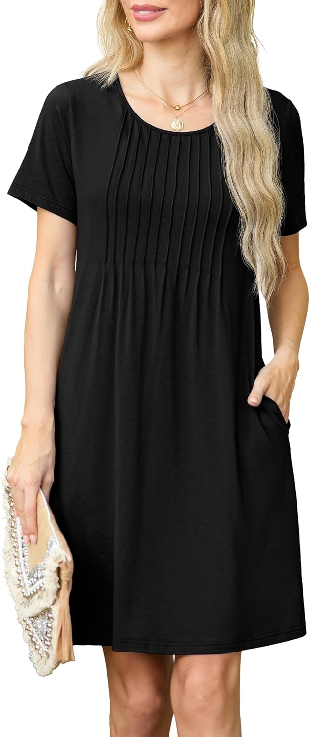 GRECERELLE Womens Summer Mini Dress Casual Short Sleeve Crew Neck Pleated Dresses with Pocket for Ladies