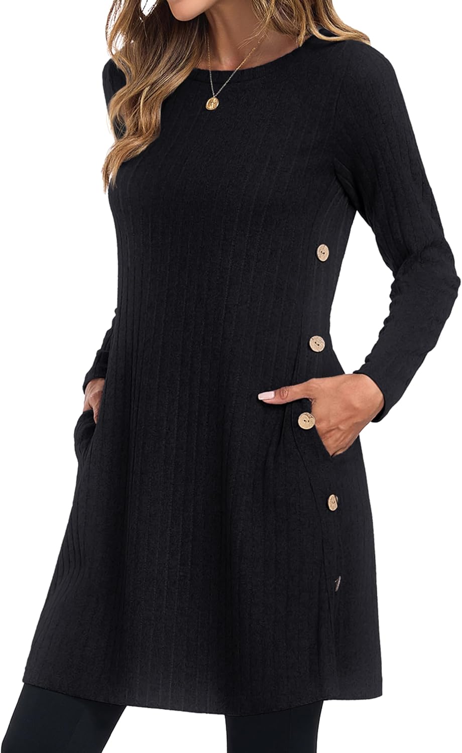GRECERELLE Womens Winter Jumper Dresses for Women UK Ladies Dresses Tunic Knitted Long Sleeve with Pockets Side Buttons Dress