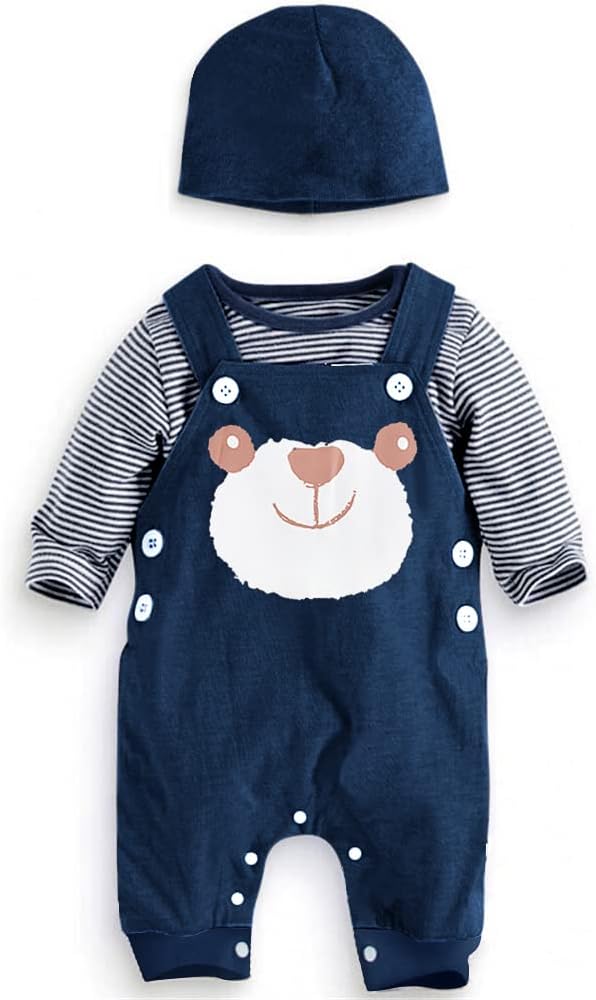 Infant Baby Boys Clothing Sets Newborn Baby Cotton Romper Outfits Suit Toddler Kids Pyjamas 3pcs Long Sleeves T-shirt + Star Pattern Dungarees+ Hat 0-24 Months
