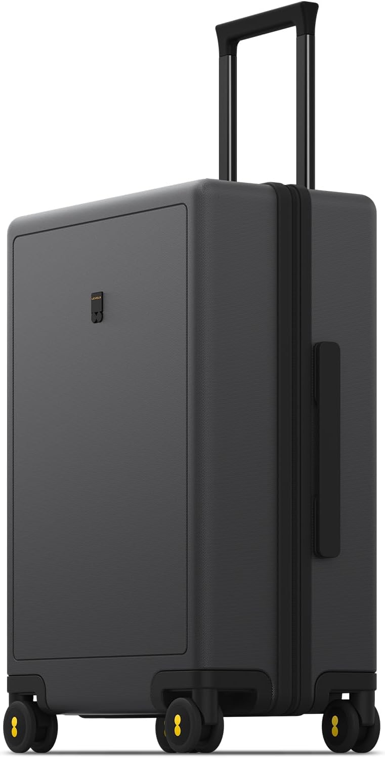 LEVEL8 Checked Luggage 24 Inch Suitcase Hand Luggage Lightweight 100% PC Micro-Diamond Textured Design, Medium Size with Wheels, TSA Approved Hard Shell(66cm, 65,Dark Grey)