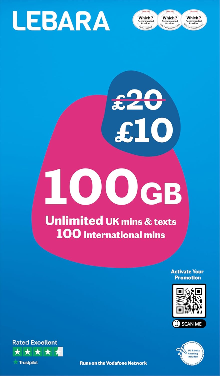 Lebara Mobile SIM Card with 100GB Data Plan for £10, Half Price for First 3 Months, No Contract, UK Calls, Texts, International Minutes, EU and India Roaming Included