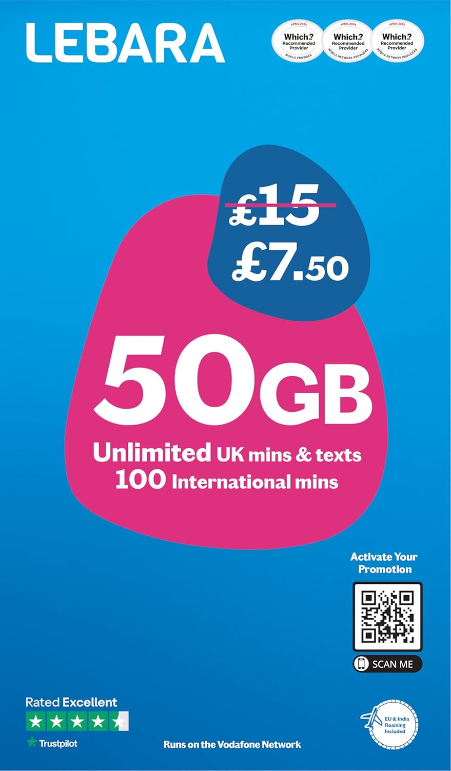Lebara Mobile SIM Card with 50GB Data Plan for £7.50, Half Price for First 3 Months, No Contract, UK Calls, Texts, International Minutes, EU and India Roaming Included