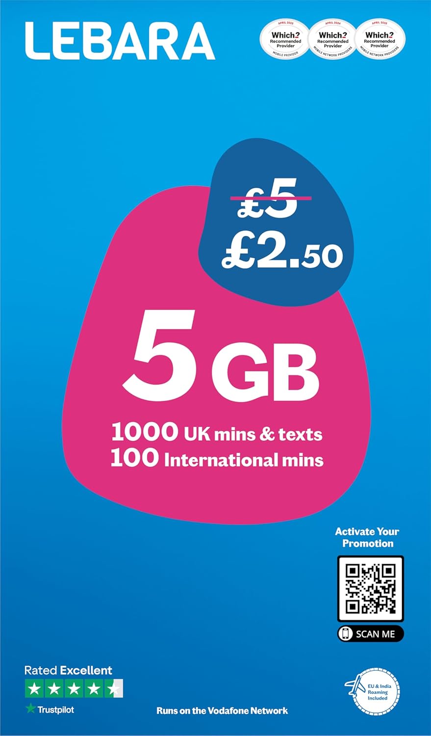 Lebara Mobile SIM Card with 5GB Data Plan for £2.50, Half Price for First 3 Months, No Contract, UK Calls, Texts, International Minutes, EU and India Roaming Included