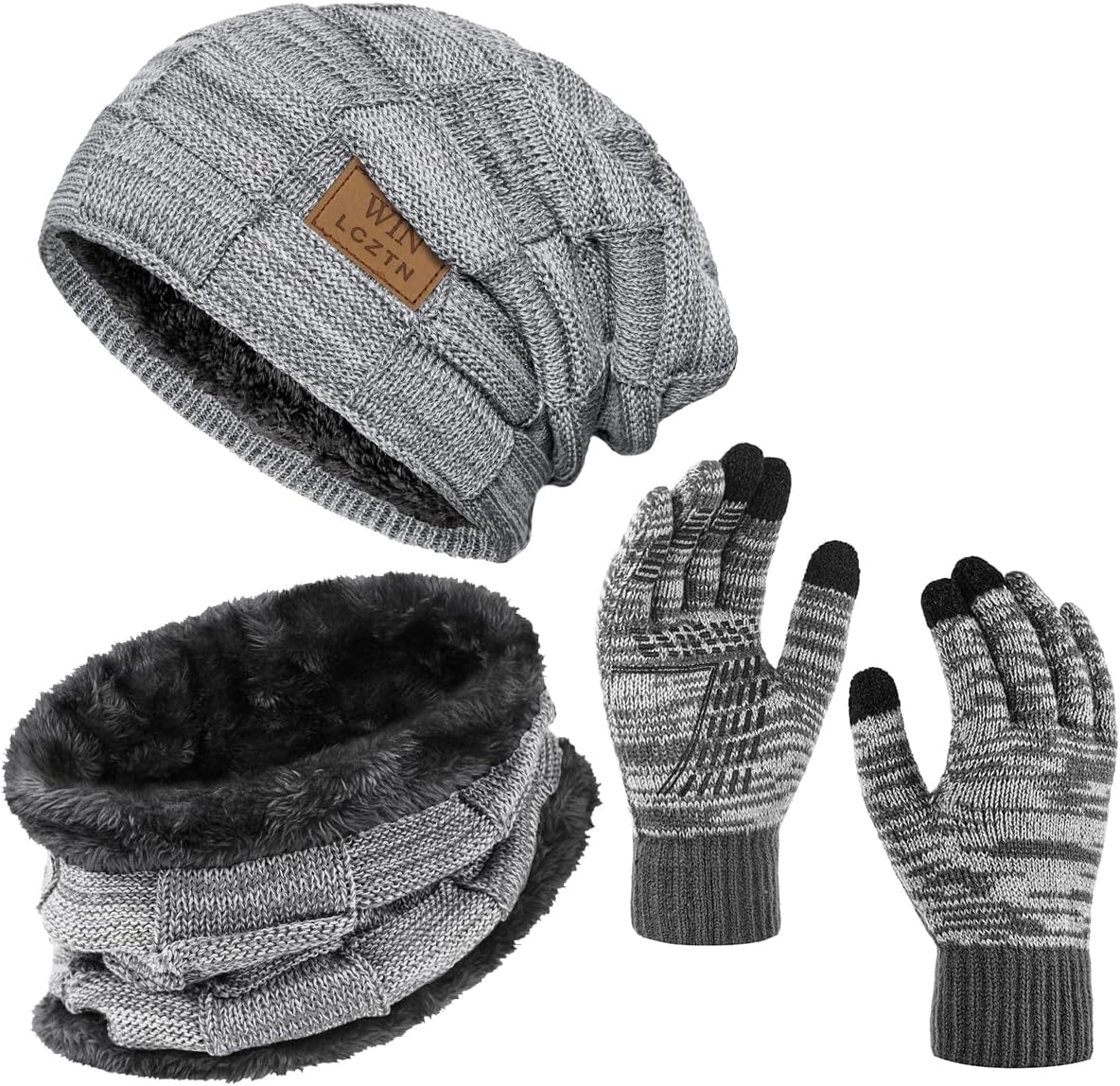 Mens Winter Beanie Hat Scarf Touchscreen Gloves Set Warm Fleece Lined Knit Ski Hats Slouchy Skull Cap for Unisex