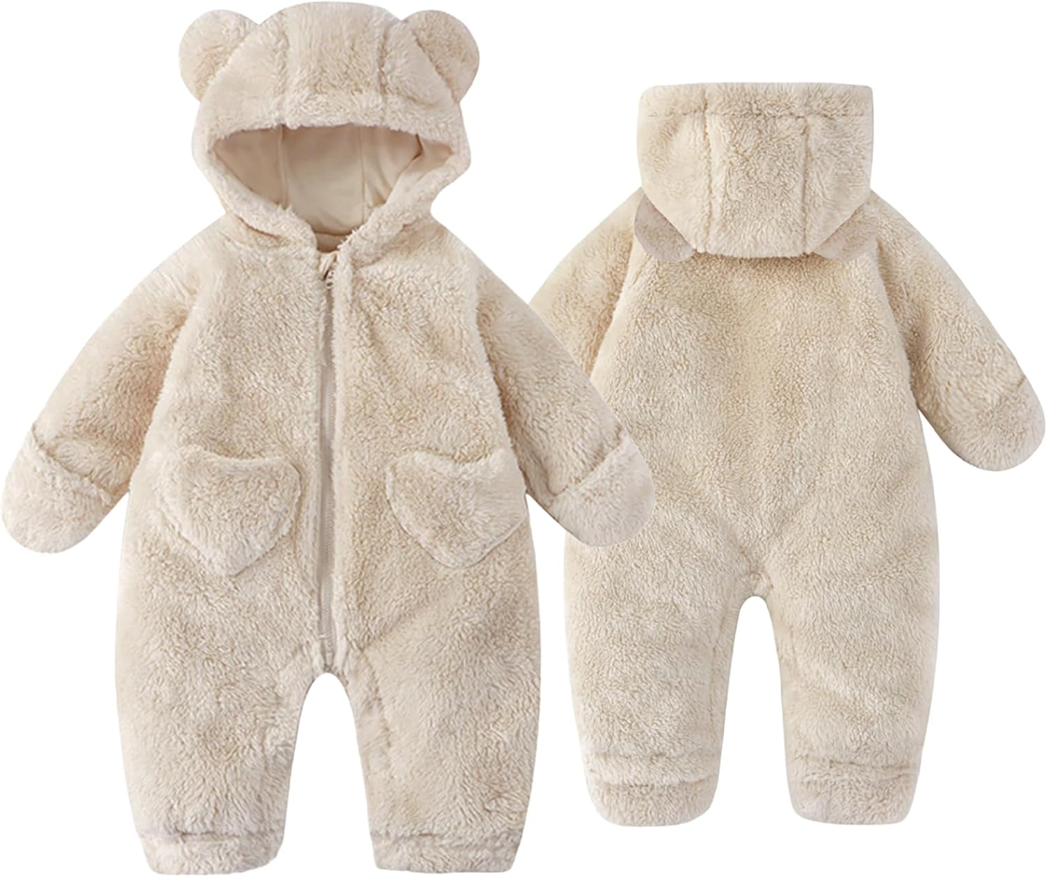 Newborn Baby Bear Pramsuit Warm Fleece Hooded All-in-One Snowsuit Winter Romper for Boys & Girls 0-12 Months