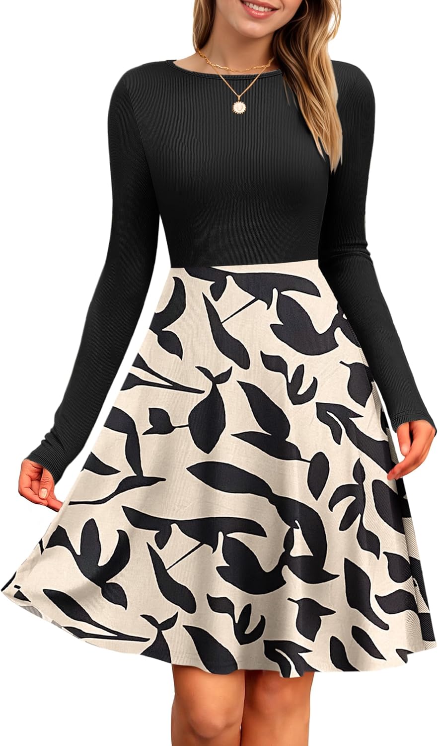 PLOKNRD Women’s Long Sleeve Dress Ribbed Knit Jumper Dress Elegant Casaul A-Line Dresses