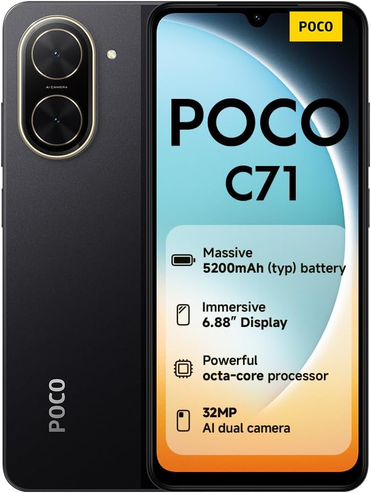 POCO C71 Smartphone, 3+64GB, Black, UNISOC T7250 processor, 5200mAh battery, 32MP AI dual camera, 6.88″ large screen display (No power adapter included)