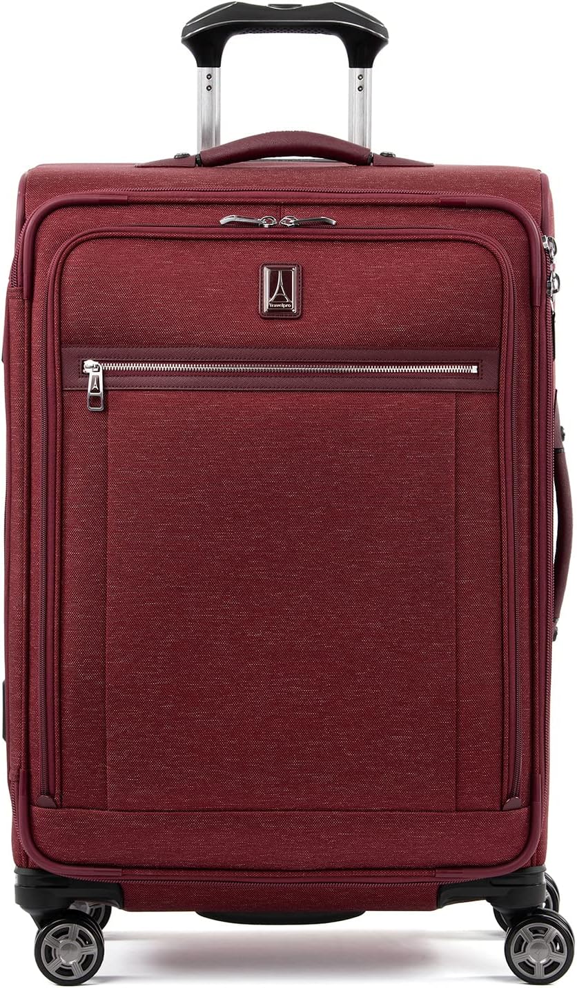 Travelpro Platinum Elite Softside Expandable Checked Suitcase, 8 Wheel Spinner Suitcase, TSA Lock, Men and Women, Bordeaux Red, Checked Medium 72x47x30 cm