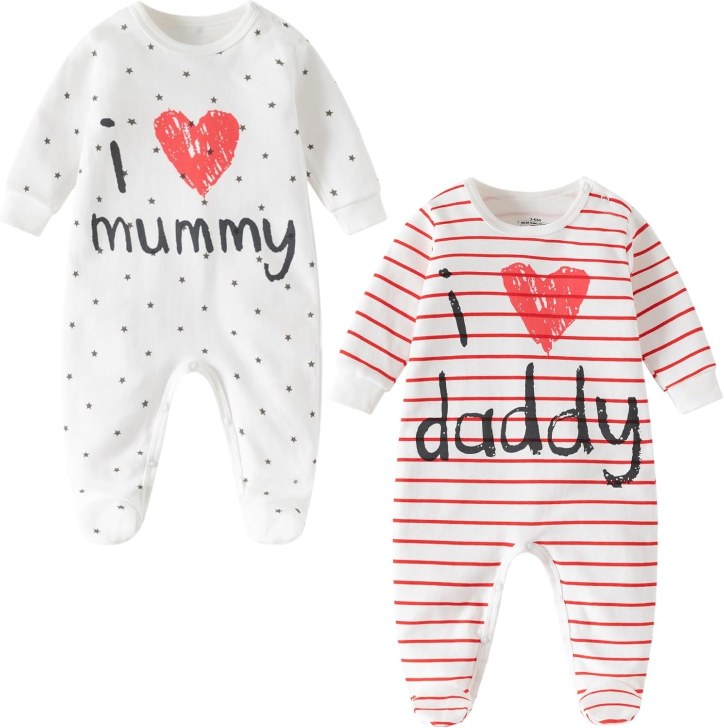 Unisex Baby Sleepsuits 2 Pack – I Love Mummy & Daddy Cotton Footed Rompers – Newborn to 24 Months Baby Bodysuits for Boys and Girls