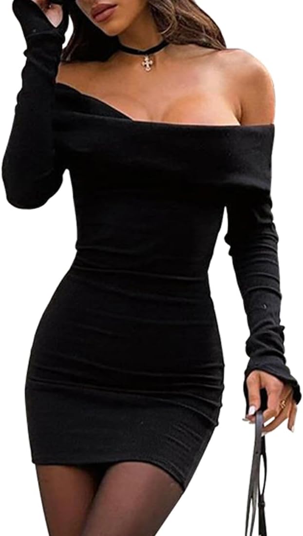 Women Off Shoulder Mini Dress Long Sleeve Bodycon Dresses Sexy Solid Tight Party Dress Going Out Clubwear Casual Streetwear