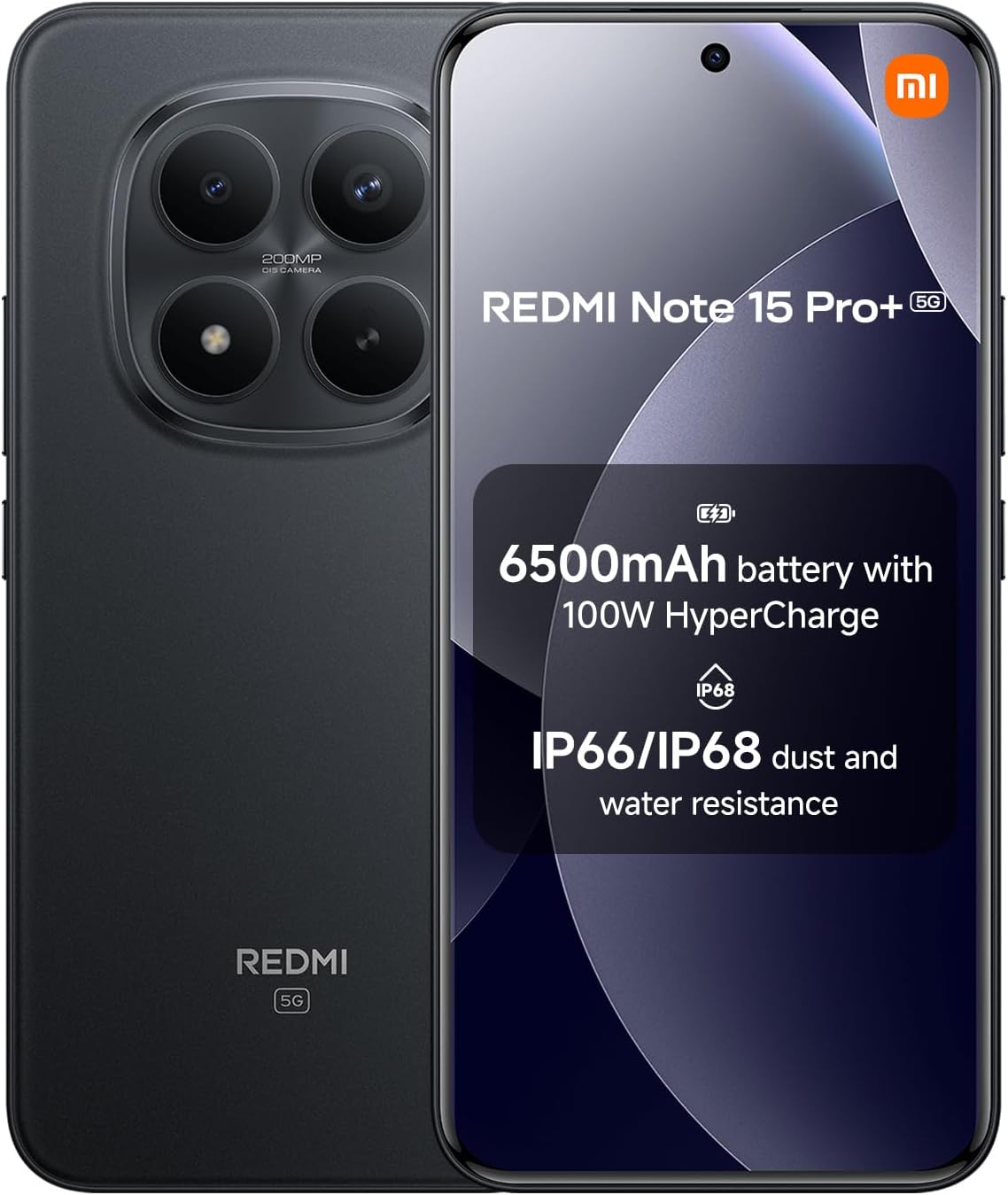 XIAOMI Redmi Note 15 Pro+ 5G, Smartphone 12+512 GB, Massive 6500mAh Battery, IP66/IP68, New 200MP Camera, 6.83″ AMOLED Display, Black, Warranty 2 years, Charger Not Included