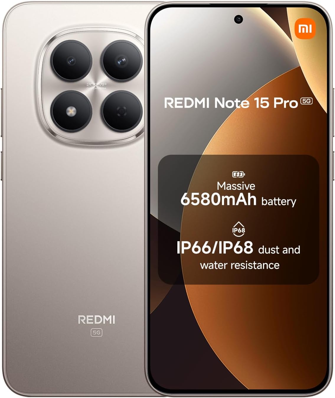XIAOMI Redmi Note 15 Pro 5G, Smartphone 8+512 GB, Massive 6580mAh Battery, IP66/IP68, New 200MP Camera, 6.83″ AMOLED Display, Titanium Color, Warranty 2 years, Charger Not Included