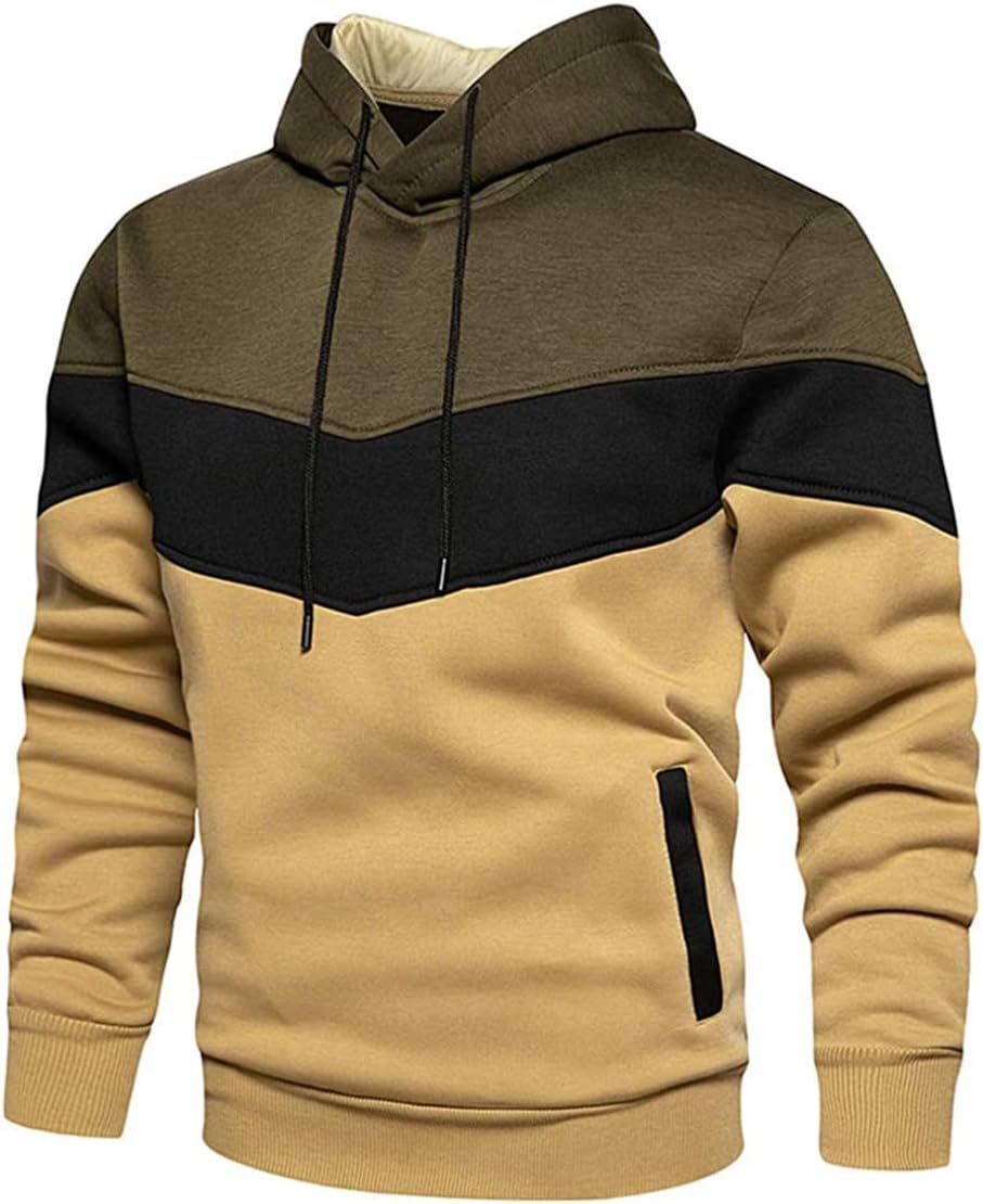 Mens Hoodie Pullover Color Block Sweatshirts Long Sleeve Hoody Drawstring Casual Tops with Pockets