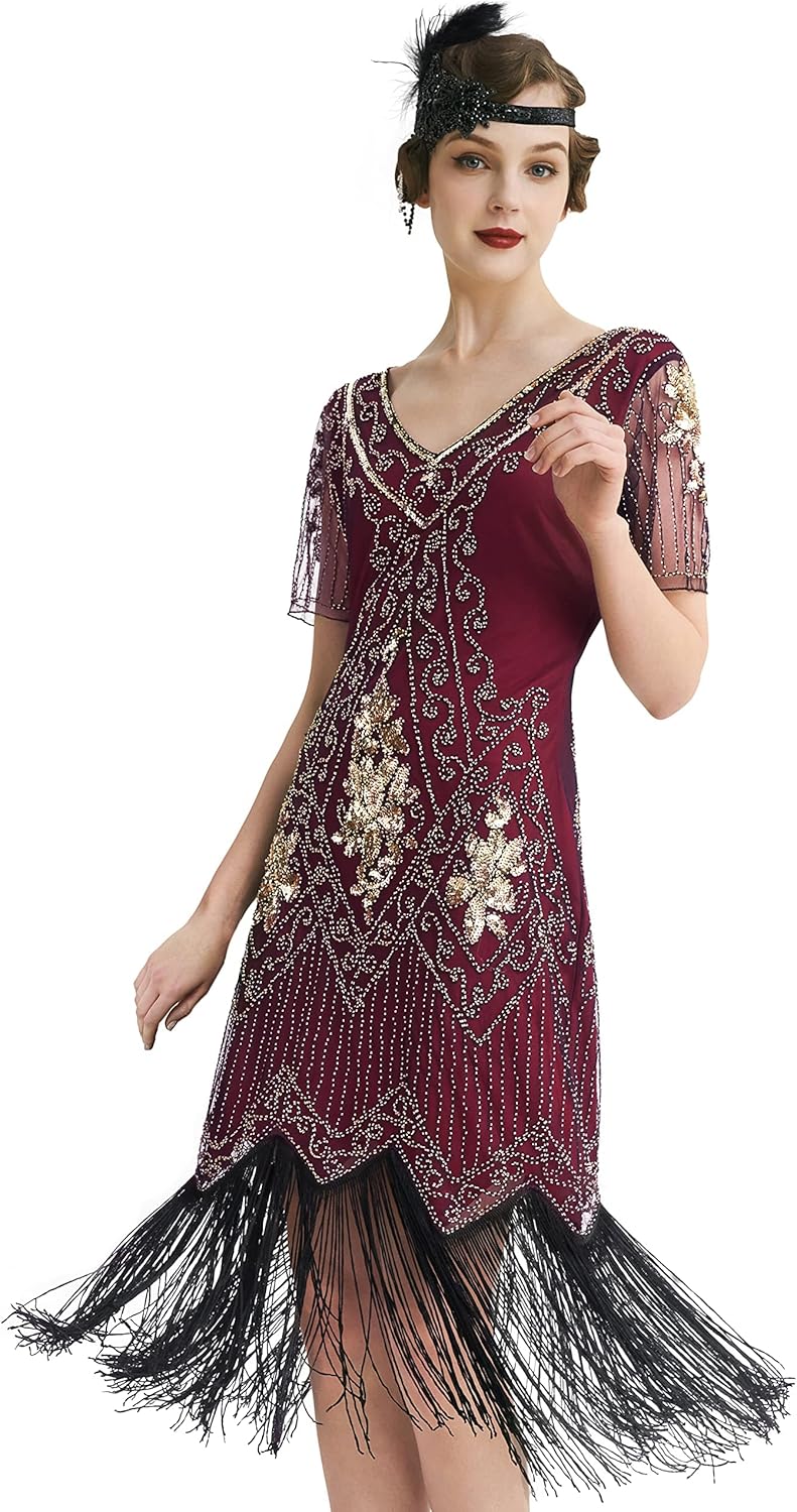 BABEYOND 1920s Flapper Fringed Sequin Dress Roaring 20s Fancy Dress Gatsby Costume V Neck Vintage Beaded Evening