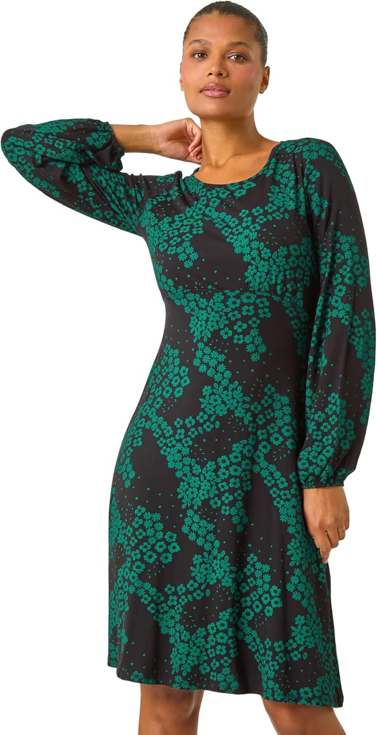 Roman Originals Women Gathered Chest Dress Ladies Stretchy Fit & Flare Swing Tea A Line Skater Knee Length Long Sleeve Midi Smart Casual Work Going Out Cocktail Party