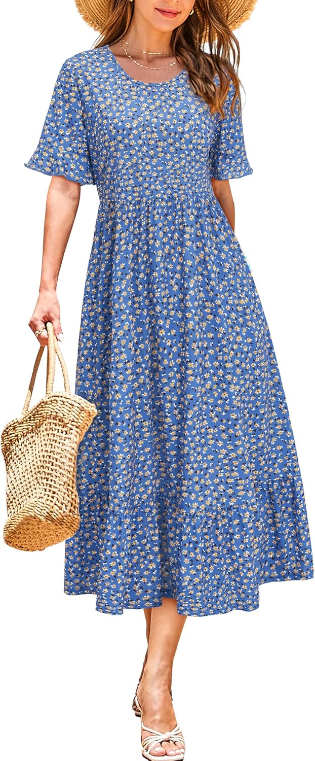STYLEWORD Women Summer Dress Floral Short Sleeve Ladies Casual Swing Midi Dress with Pockets