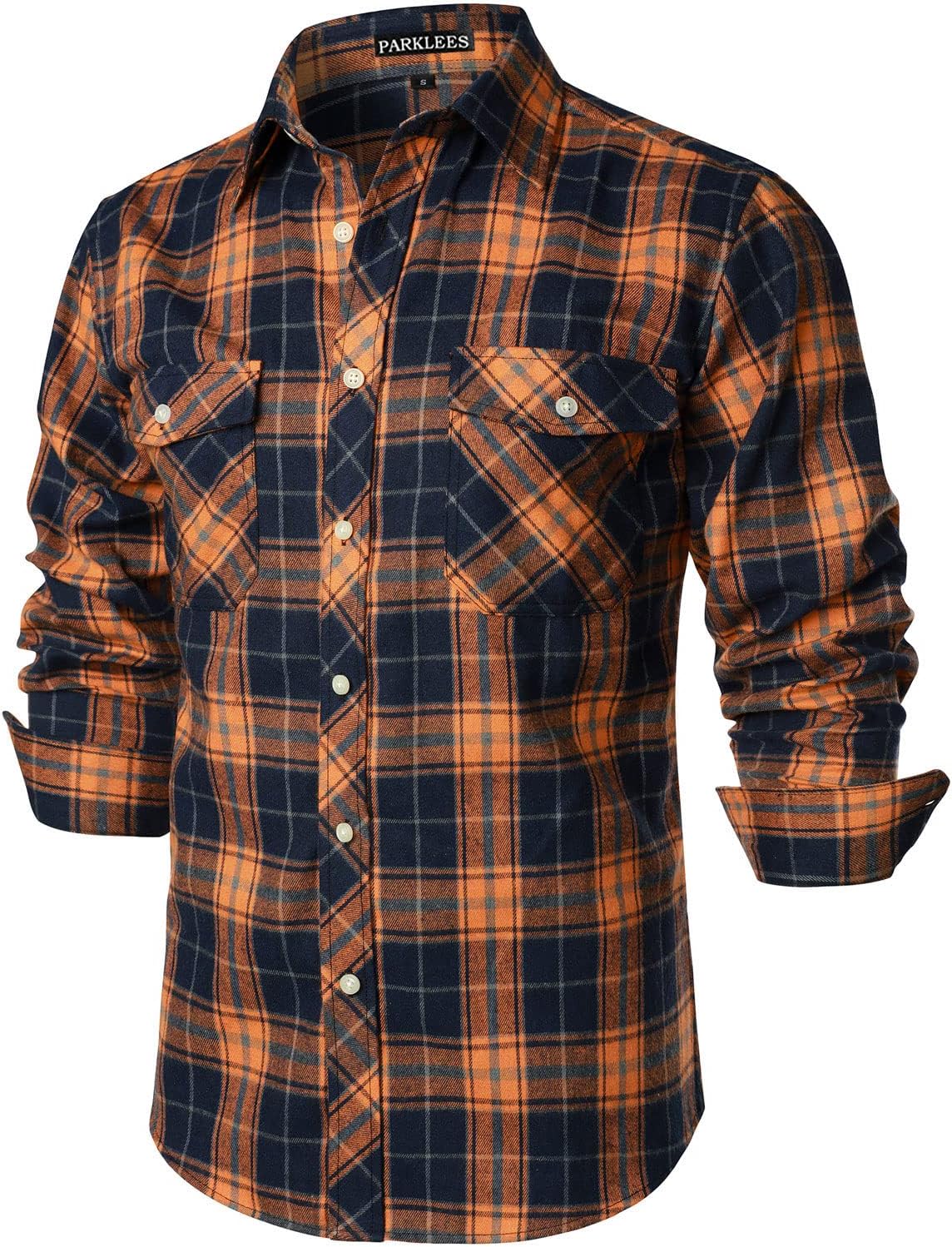 PARKLEES Men’s Casual Regular Fit Button Up Flannel Checked Plaid Shirts with Pockets