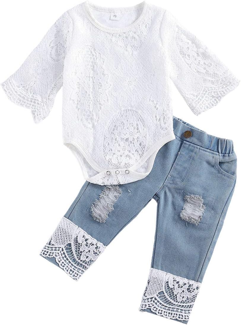 Baby Girl Clothes Outfits White Lace Ruffle Romper Top +Jeans Shorts Clothing Set 3-24 Months